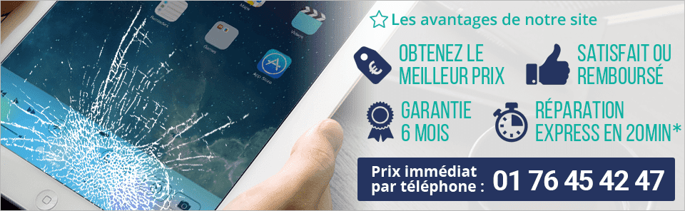 Réparation écran iPad tous modèles sur Paris. Obtenez le meilleur prix pour votre réparation d'écran d'iPad. Tarif immédiat par téléphone au 01 76 45 42 47.