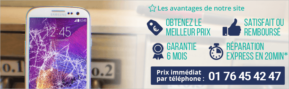 Réparation écran smartphone Samsung tous modèles sur Paris. Obtenez le meilleur prix pour votre réparation d'écran de smartphone Samsung. Tarif immédiat par téléphone au 01 76 45 42 47.